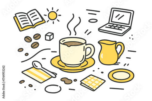 Morning Coffee Doodle. Cozy morning. Hand-drawn doodle illustration coffee mug (colored), chipped edge (colored), steam (colored), saucer (colored), spoon