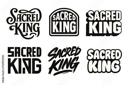 Sacred King Lettering. Sacred King. Set lettering. harmonious lettering variations of the same emblematic concept (Whimsical curly type with flourishes, Retro