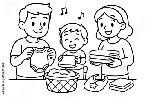 Family Laundry Fun. Family laundry teamwork children?s coloring book illustration, outlined drawing, both parents and a small child helping fold colorful baby