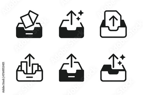 Decluttered Drawer Logos. Cleaning Out a Drawer. Set Logo of Decluttered Space: Minimal outline, Negative space, Flat solid, Symmetrical form, Stylized detail,