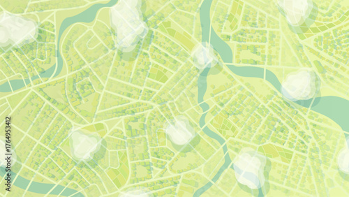 Green Eco City Map with Rivers and Residential Districts for Urban Planning Background. Vector illustration.