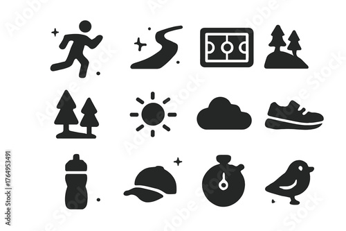 Outdoor Sports Icons. Outdoor Sports. Solid icons set of Outdoor Sports: runner, path, field, hill, trees, sun, cloud, running shoes, water bottle, sports cap,