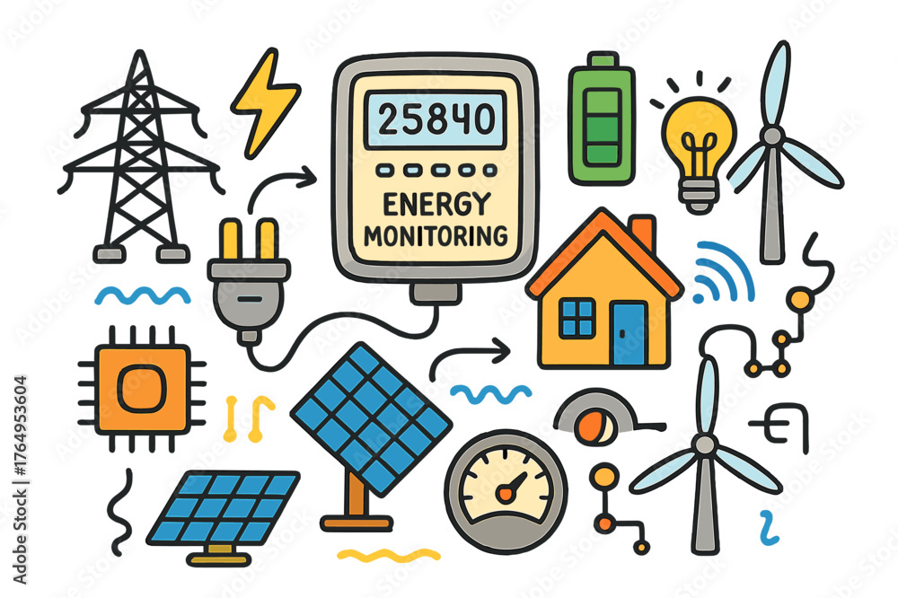 Fototapeta premium Energy Monitoring Doodle. energy monitoring. Colorful Hand-drawn doodle Children illustration energy monitoring smart meter, electricity meter, digital