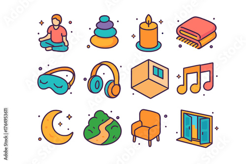 Calm Moments Icons. Calm moments. Colorful isometric vector icons set of calm moments: meditation pose, zen stones, candle, soft blanket, sleeping mask,