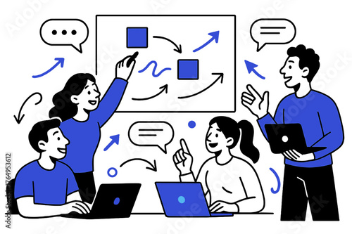 Dynamic Team Brainstorming. Team communication. Team members exchanging ideas over whiteboard and laptops; floating arrows, lines, and chat bubbles highlight