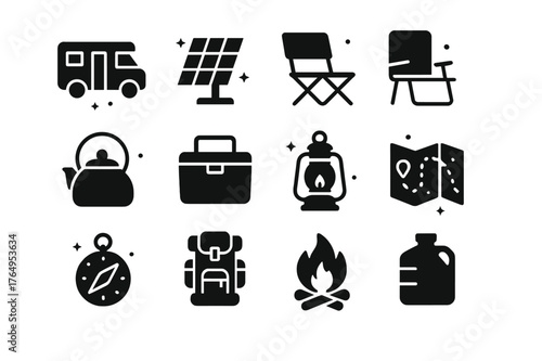 Vanlife Icon Set. Campsite and Vanlife Nomads. Solid icons set of Campsite and Vanlife Nomads: camper van, solar panel, foldable chair, portable stove, kettle,
