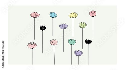 Botanical Elegance: A minimalist illustration showcases a collection of delicate, colorful blooms, their slender stems reaching upwards in a graceful display.