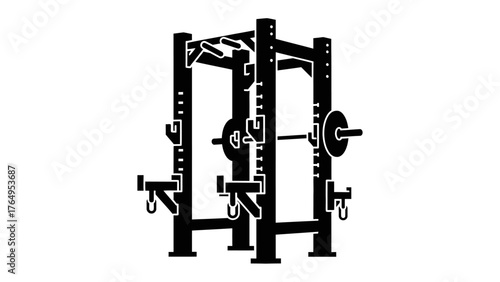 Strength Training Gym Equipment: A sleek silhouette of a gym rack, perfectly equipped for rigorous weightlifting routines. A symbol of strength and progress, ready to assist in your fitness journey.