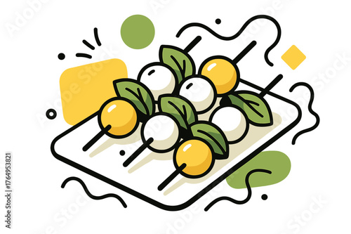 Caprese Skewers Art. Caprese Skewers. Caprese skewers on a serving plate with floating abstract geometric shapes and soft light accents, fresh and delicious
