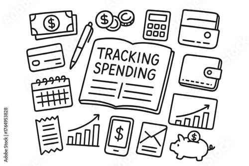 Budgeting Essentials Icons. Tracking Spending. Hand-drawn doodle illustration Tracking Spending ledger, pen, coins, bills, calculator, wallet, credit card,