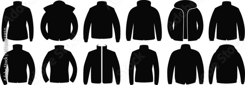 Set of twelve black silhouette jacket icons showing various styles, collars, closures, and sleeve shapes for fashion design
