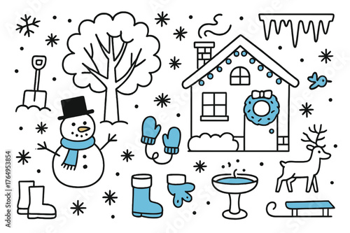 Winter Yard Doodle. // Winter front yard. Hand-drawn doodle illustration Winter front yard [snowman (accented), snowy tree, house with lights (accented),