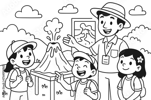 Volcano Adventure Coloring. Volcano field trip children?s coloring book illustration, outlined drawing, cheerful kids with a guide looking at a model volcano