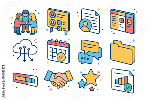 Group Collaboration Icons. Group project collaboration. Colorful isometric vector icons set of Group project collaboration: team huddle, roles assignment