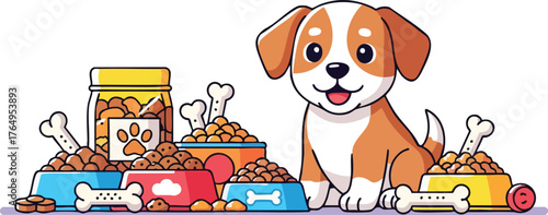 Puppy's Mealtime Wonderland: An adorable puppy surrounded by a colorful array of food bowls, treats, and nourishing snacks, a delightful scene of pet care and culinary delights.