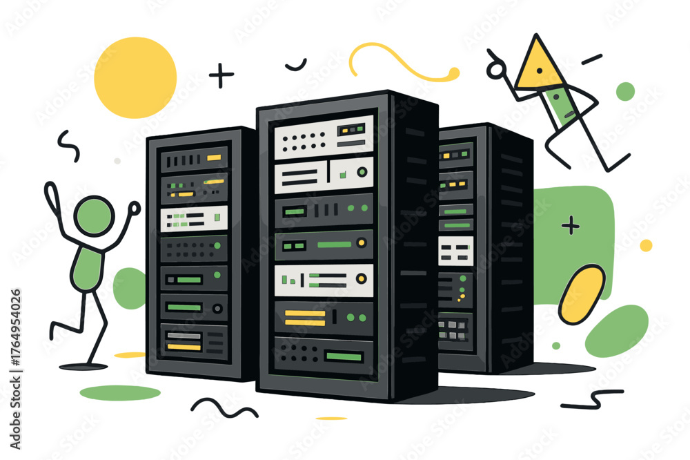 Obraz premium Futuristic Data Center. Server Rack. Wide view of server racks in data center with floating abstract geometric shapes and LED highlights, organized and