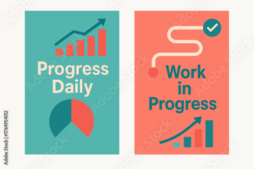 Progress Banners Design. Progress daily. Two vertical A6 banners with safe margins, centered composition, no elements touching edges, modern, turquoise and