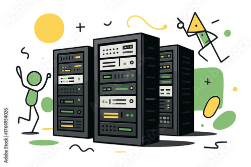 Futuristic Data Center. Server Rack. Wide view of server racks in data center with floating abstract geometric shapes and LED highlights, organized and