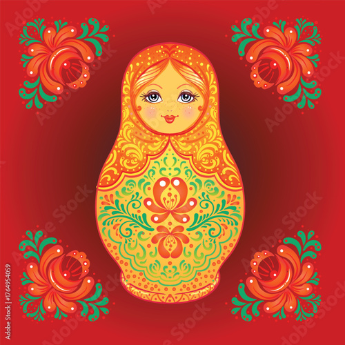 Retro Souvenir from Russia - babushka matryoshka, red cat, samovar, bublik bread roll. Traditional Russian wooden nesting doll. Folk arts and crafts. Vector illustration in cartoon style isolated.