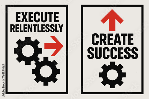 Brutalist Success Banners. Execute relentlessly. Two vertical A6 banners with safe margins, centered composition, no elements touching edges, brutalist, black