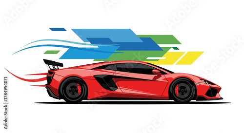 Vector illustration of a powerful red supercar racing at high speed, leaving behind a trail of colorful abstract graphic shapes and motion lines