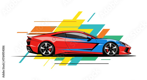 Side view of a modern red and blue sports car illustration with a colorful abstract geometric background, symbolizing speed and dynamic energy