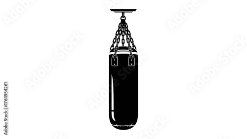 Boxing bag: A sleek, solitary boxing bag, suspended from the ceiling, captures the essence of training, strength, and discipline. The monochrome presentation enhances the focus on form and function.