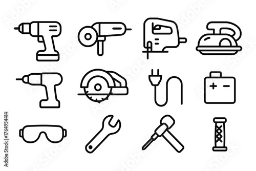 Set of outline power tools icons for diy and construction projects