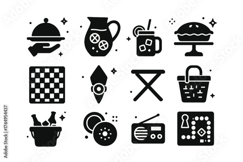 Porch Entertainment Icons. Porch Entertaining. Solid icons set of Porch Entertaining: serving tray, lemonade pitcher, mason jar glass, pie stand, checkered