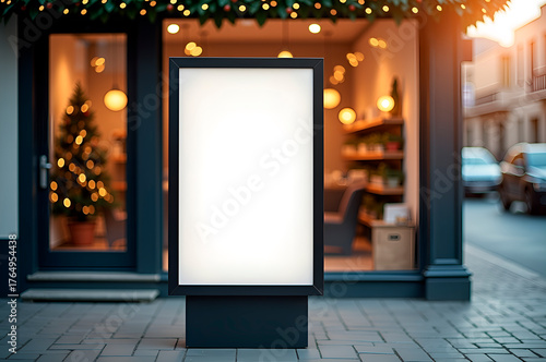 Blank illuminated advertising display stand outside a festive sh