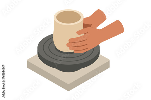 Isometric pottery creation process with hands shaping clay on wheel