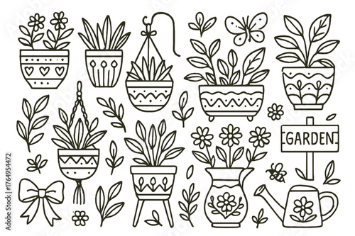 Decorative Planter Doodles. Decorative planters. Hand-drawn doodle illustration decorative planters patterned pots, hanging baskets, macrame holder, ceramic