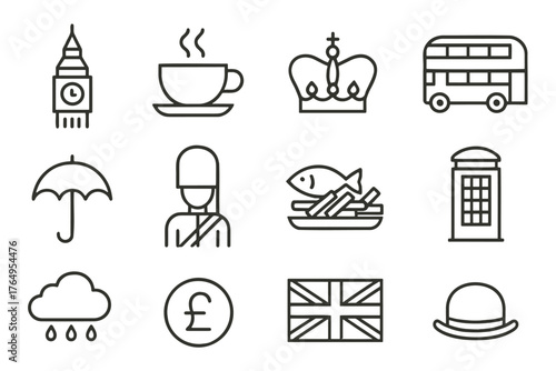 Uk icon set featuring classic british symbols in linear design
