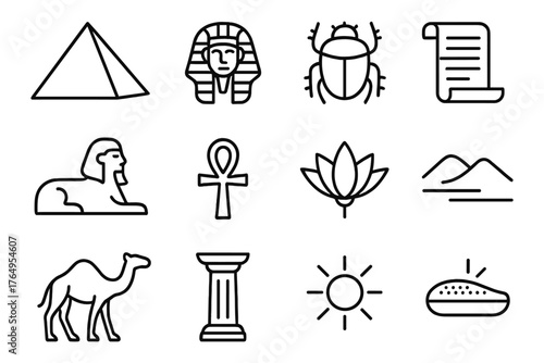 Ancient egyptian symbols and icons in minimalist linear style