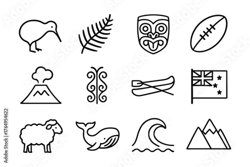New zealand symbols: iconic line art of kiwi, fern, and rugby