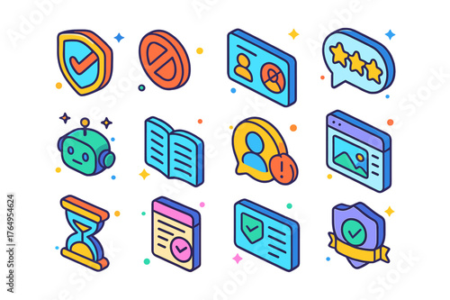 Cyberbullying Prevention Icons. Cyberbullying prevention in games. Colorful isometric vector icons set of Cyberbullying prevention in games: anti-bullying