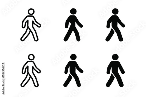 Walking Pose Icons. Model Pose. Set Logo of Walking Away Pose: Minimal outline, Abstract geometric, Negative space, Flat solid, Symmetrical form, Iconic shape.