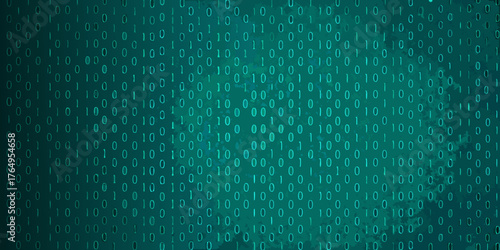 Abstract digital stream of glowing teal binary code on a dark textured background