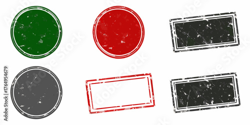 Collection of six distressed rubber stamps in circle and rectangle shapes in various colors