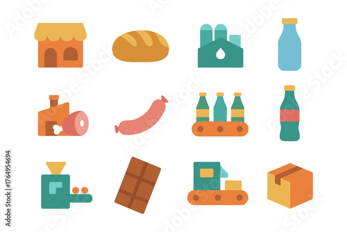 Flat design icons of food and beverage production with factory elements