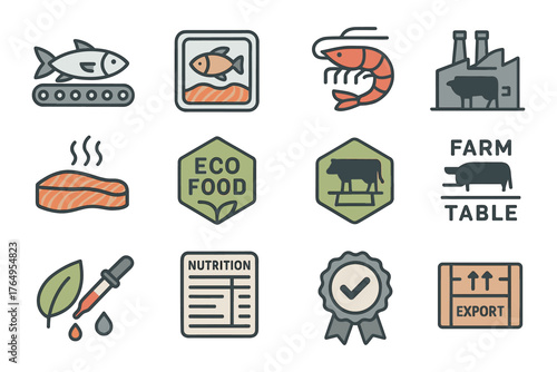 Sustainable food production icons set highlighting eco-friendly practices and certifications