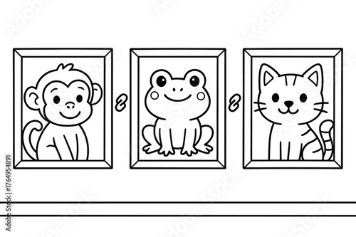Cute Animal Art Cards. NFT collectibles gallery children?s coloring book illustration, outlined drawing, three cute framed cards on a simple wall showing