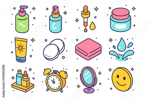Skincare Icons Set. Daily skincare routine. Colorful isometric vector icons set of Daily skincare routine: cleanser bottle, toner spray, serum dropper,