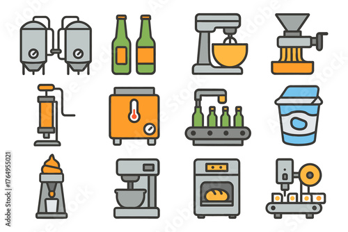 Flat brewery and kitchen equipment icons set for industrial and culinary design
