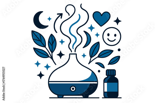 Calming Aromatherapy Essence. Aromatherapy oils. Diffuser releasing aromatic steam with abstract floating icons, leaves, and sparkles; conveys calm,