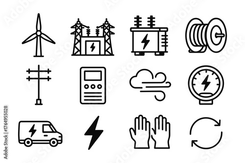 Electricity and energy icons: power generation and distribution symbols in linear style