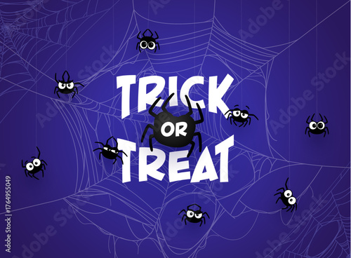 Cartoon trick or treat Halloween purple vector banner with funny scary spiders hanging from white cobweb and spiderweb threads. Scary holiday poster with eerie spiderweb and crawling insects