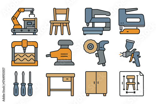 Workshop tools and furniture collection in colorful linear design