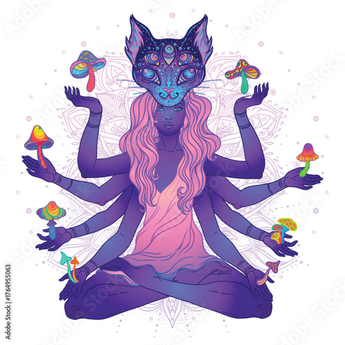 Vector illustration of a multi-armed goddess sitting in lotus pose surrounded by mushrooms. Spiritual and psychedelic concept inspired by Lakshmi, symbolizing harmony, nature, and inner awakening.