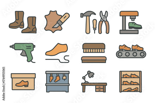 Shoe manufacturing tools and equipment icons in flat style